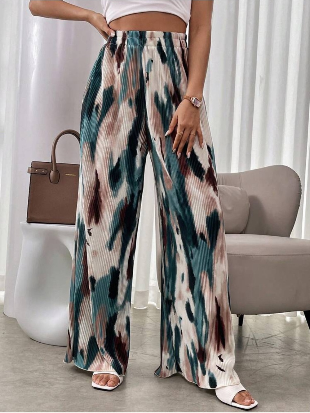 SHEIN Teal, Brown & Cream Abstract Pleated Wide-Leg Pants
